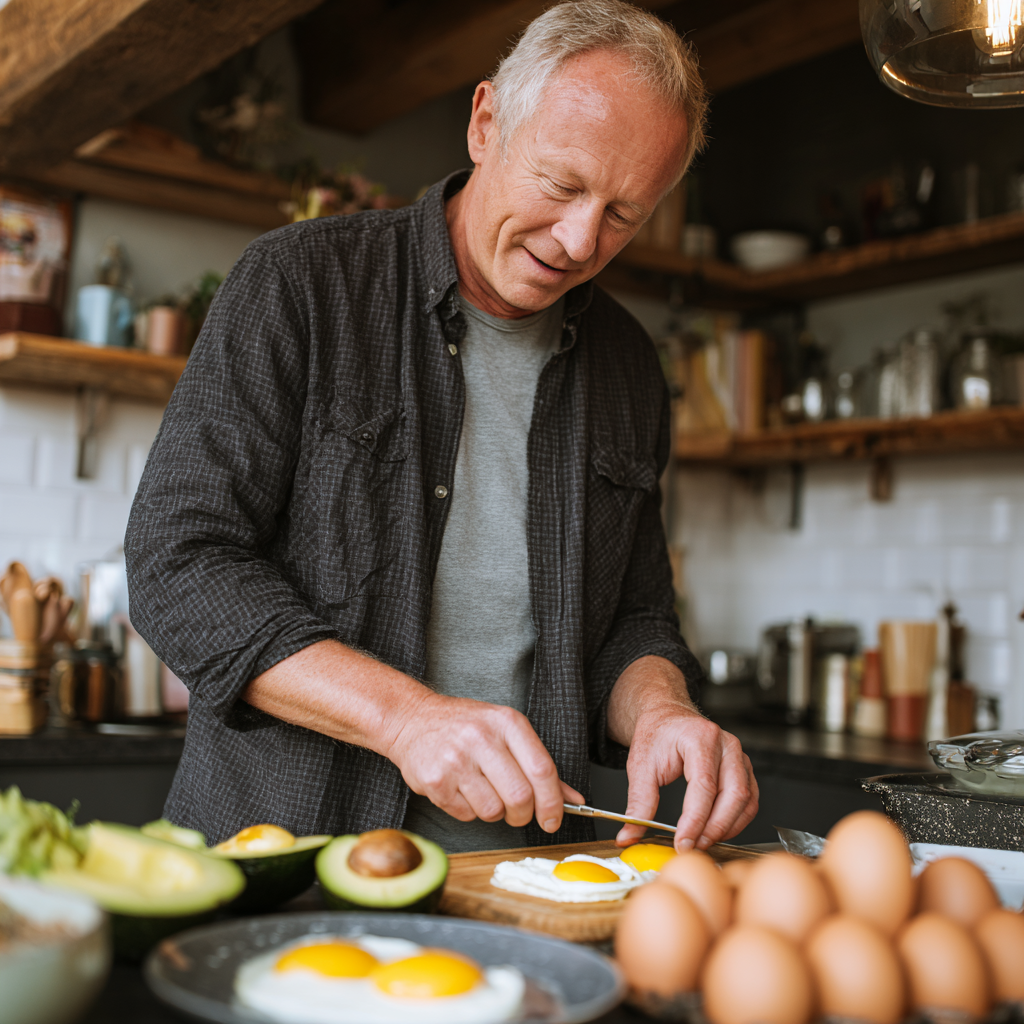 Чоловік 55 років готує кетогенний сніданок з авокадо та яйцями на кухні