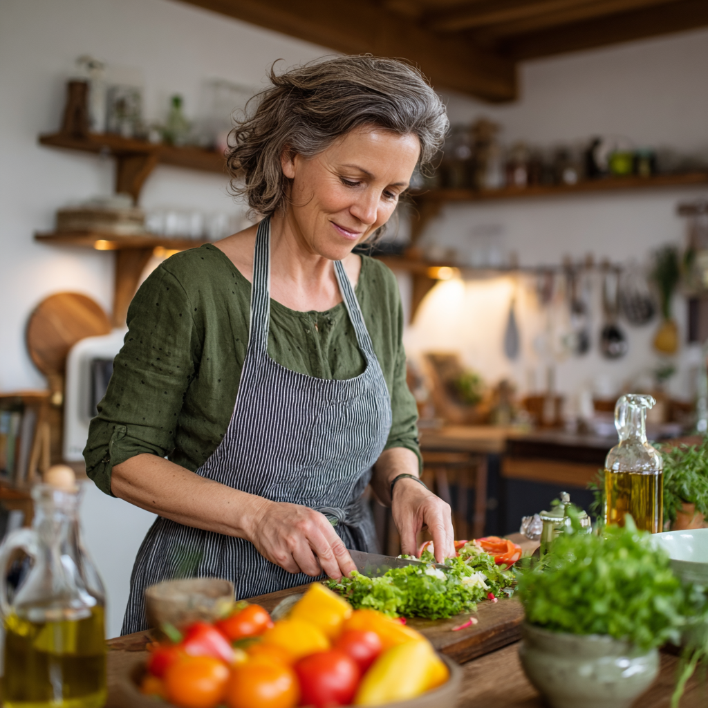 Жінка 52 років готує веганський салат з свіжими овочами та зеленню